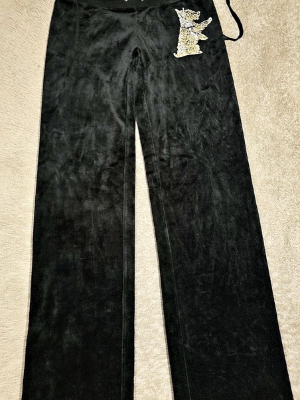 Vintage, PINK LABEL 2000s- Juicy Couture Scottie Dog Velour Track Pants,Black XS